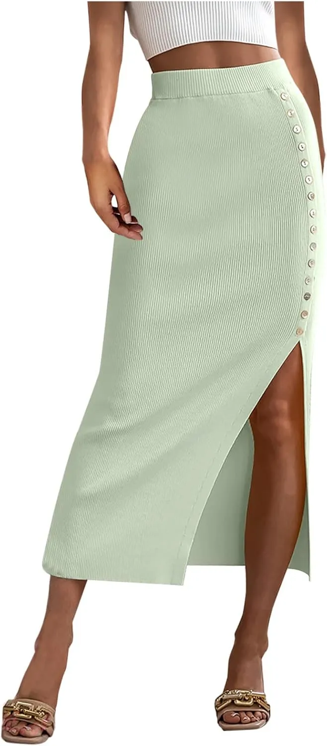 Work Skirts for Women Office High Waisted Wrap Skirt Side Slit Button Decor Elegant Sexy Midi Skirt for Business
