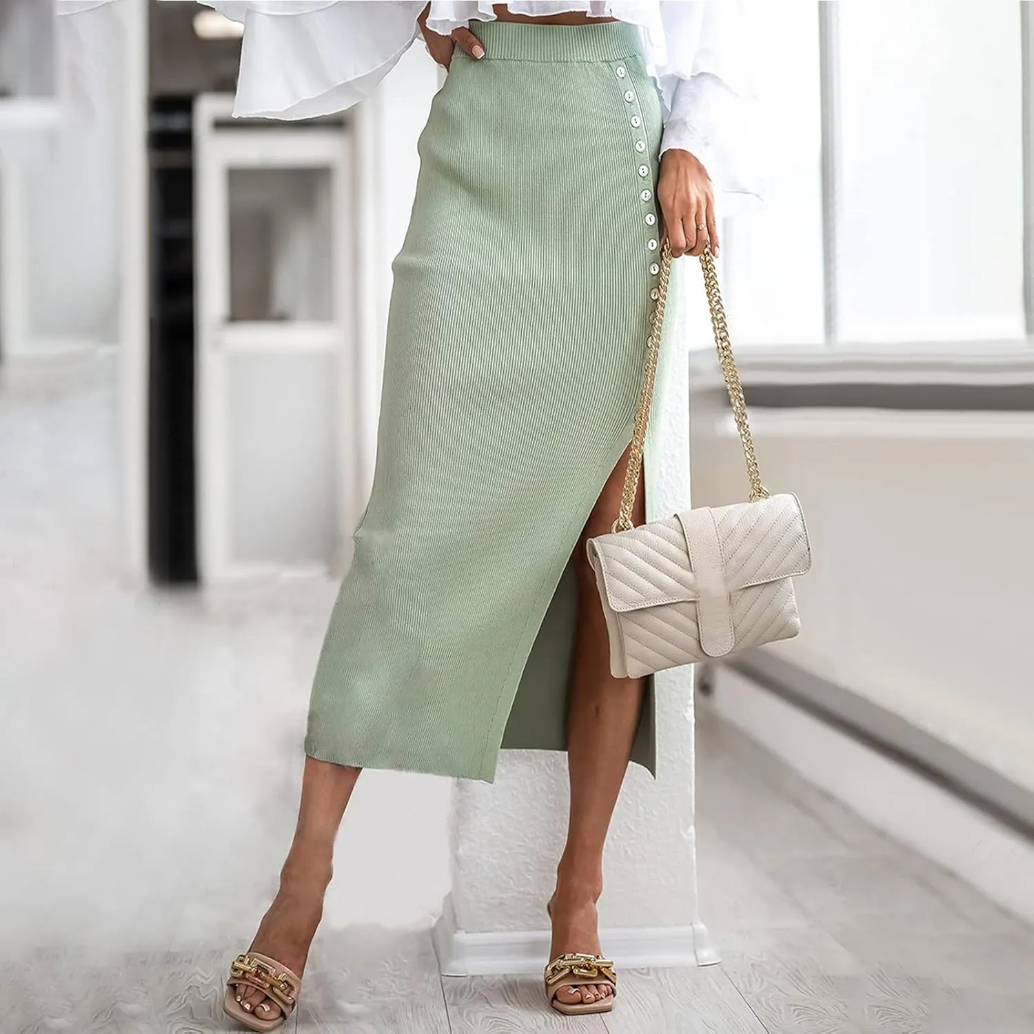 Work Skirts for Women Office High Waisted Wrap Skirt Side Slit Button Decor Elegant Sexy Midi Skirt for Business
