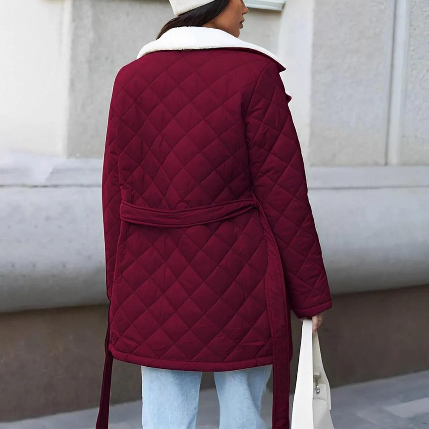 XUNRYAN Women Sherpa Puffer Jackets Quilted Lightweight Winter Down Fleece Coat Parka Anorak Mid Length Trench Coat Outwear