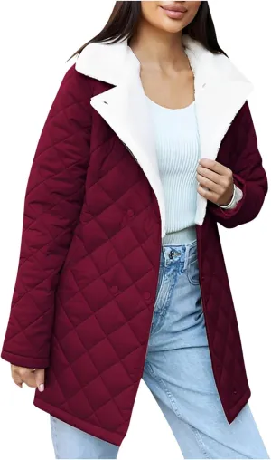 XUNRYAN Women Sherpa Puffer Jackets Quilted Lightweight Winter Down Fleece Coat Parka Anorak Mid Length Trench Coat Outwear