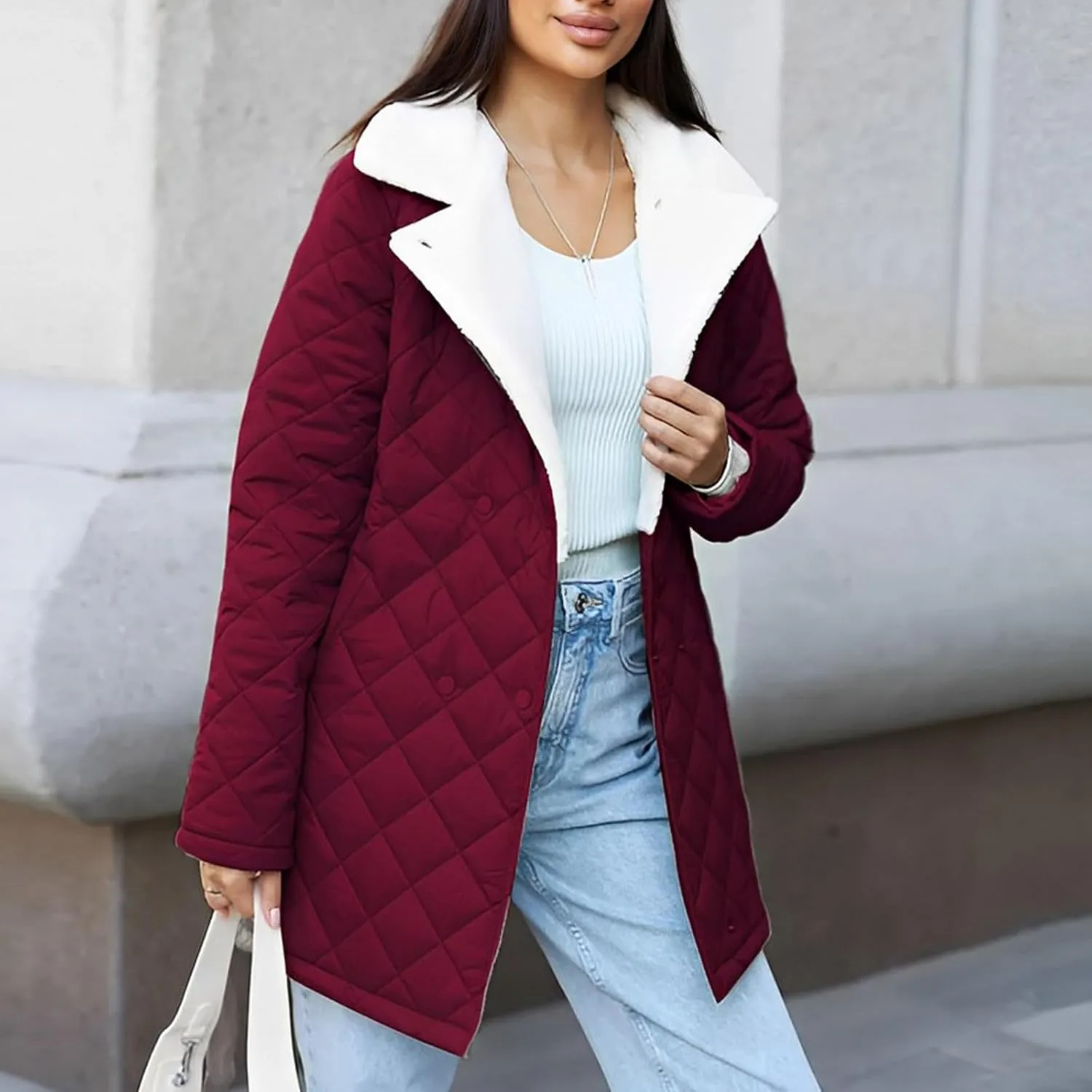 XUNRYAN Women Sherpa Puffer Jackets Quilted Lightweight Winter Down Fleece Coat Parka Anorak Mid Length Trench Coat Outwear