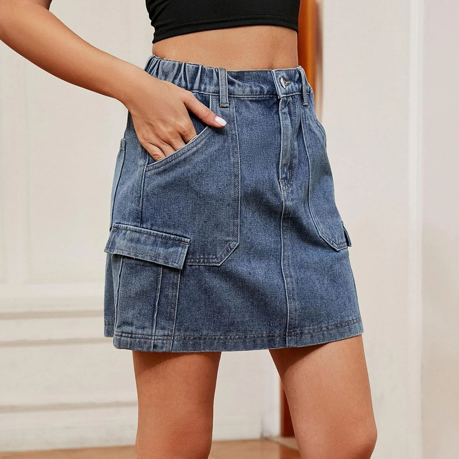 Y2k Cargo Denim Skirt for Womens 2024 High Waisted A Line Short Jean Skirt Elastic Waist Mini Skirt with Pockets