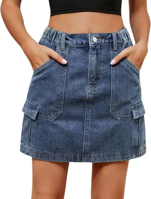 Y2k Cargo Denim Skirt for Womens 2024 High Waisted A Line Short Jean Skirt Elastic Waist Mini Skirt with Pockets