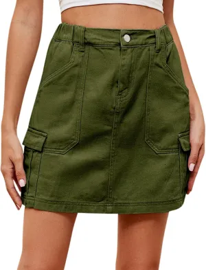 Y2k Cargo Denim Skirt for Womens 2024 High Waisted A Line Short Jean Skirt Elastic Waist Mini Skirt with Pockets