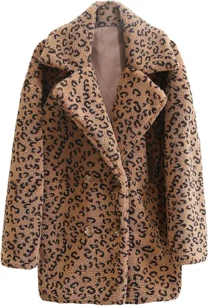 yardsong Faux Fur Coats for Women Fashion Leopard Printed Shaggy Jackets Notched Lapel Collar Long Sleeve Luxury Outerwear