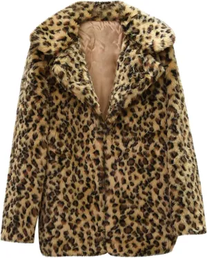 yardsong Faux Fur Coats for Women Fashion Leopard Printed Shaggy Jackets Notched Lapel Collar Long Sleeve Luxury Outerwear