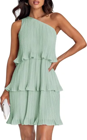 ZESICA Women's 2025 Summer Sleeveless Mini Dress Boho One Shoulder Ruffle Tiered Layered Chiffon Flowy A Line Dresses